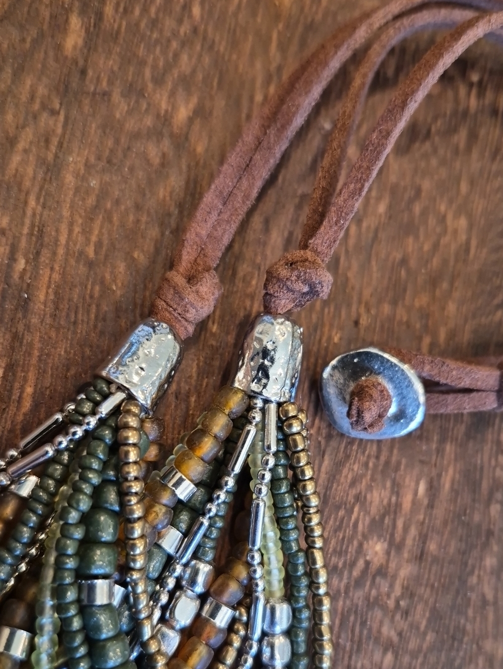 Multistrand Brown & Green Hues Silver Tone Hardware Brown Suede Cord Necklace - Picture 11 of 13
